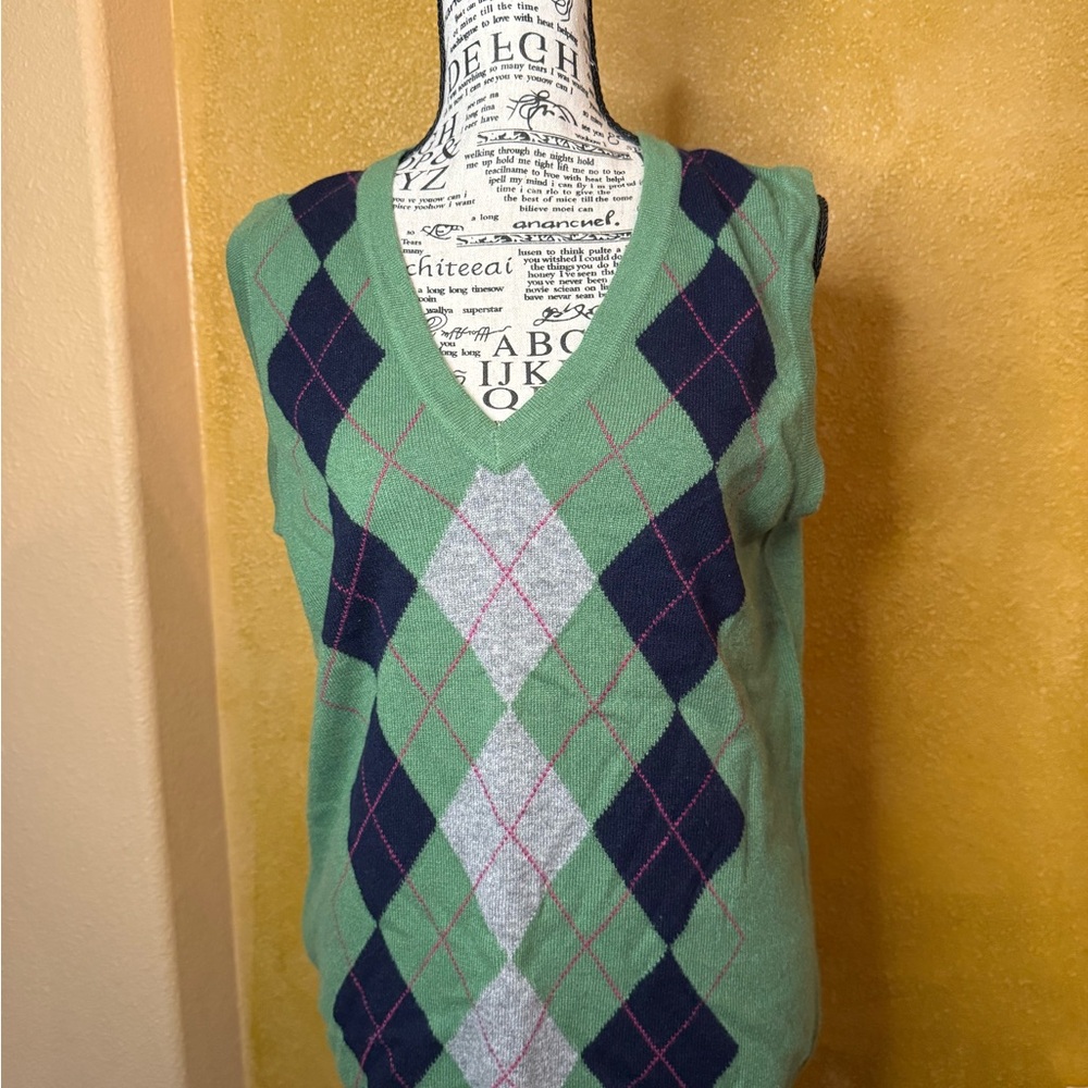 L.L. Bean Green and Navy Argyle V-Neck Sweater Vest